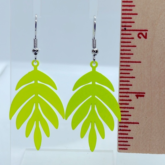 Brass Leaf Fluorescent Yellow Earrings - Picture 3 of 3